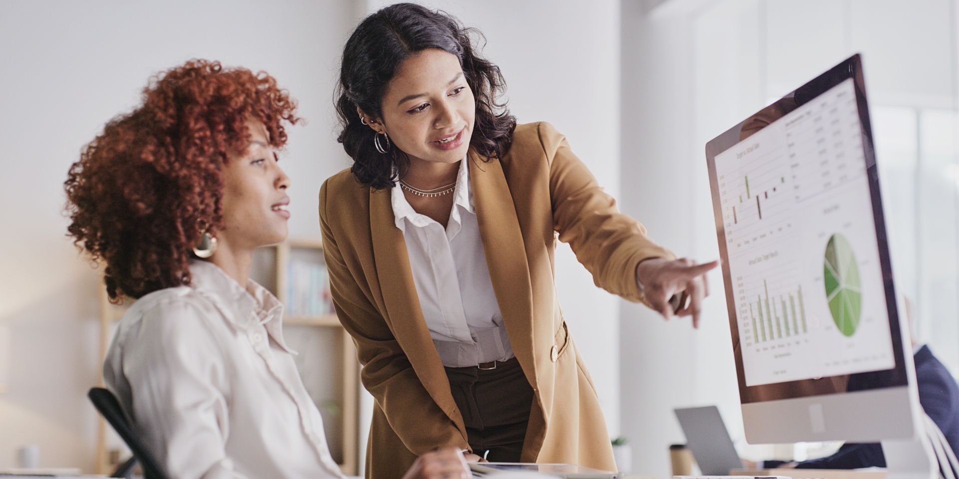 female consultant reviews a project with a developer